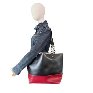 Fiore Leather Tote Black Red Colorblock Made Italy Shoulder Bag Gold Interior